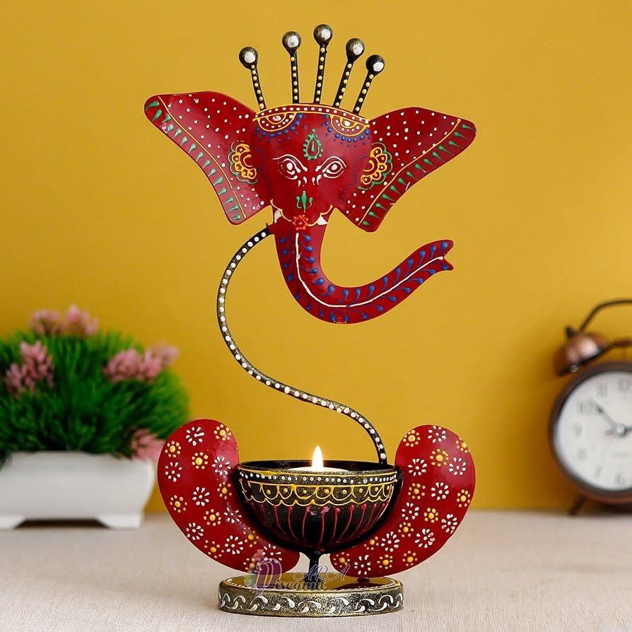 Handcrafted Ganesha Idol with Diya – Decorative Metal Tealight Holder for Home & Office